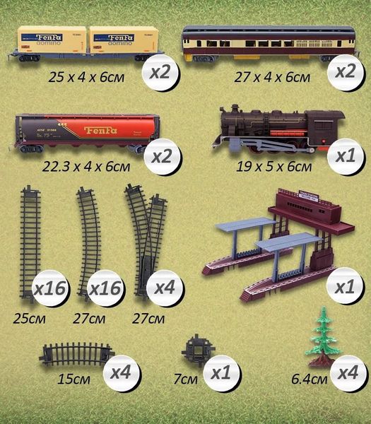 Дитяча залізниця FENFA 1:87, паровоз, 7 вагонів, станція, дерева, 996 см, світло, звук 1601А фото