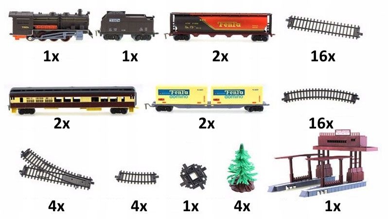 Дитяча залізниця FENFA 1:87, паровоз, 7 вагонів, станція, дерева, 996 см, світло, звук 1601А фото